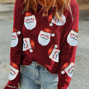 Sequin Santa Round Neck Long Sleeve Blouse