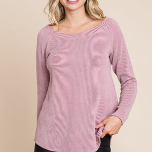 Super Lady Full Size Rib Texture Boat Neck Top