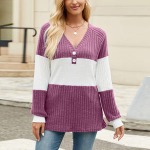 Color Block V-Neck Long Sleeve T-Shirt