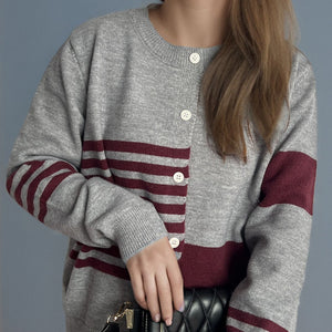 Striped Color Block Round Neck Cardigan