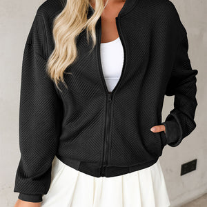 Texture Zip Up Baseball Collar Long Sleeve Jacket