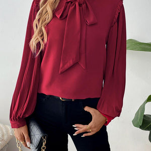 Perfee Frill Tie Neck Long Sleeve Blouse