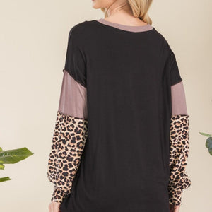 Celeste Full Size Leopard Color Block Exposed Seam T-Shirt