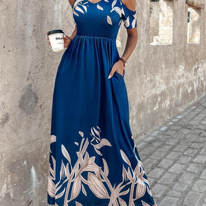 Printed Cold Shoulder Short Sleeve Maxi Dress