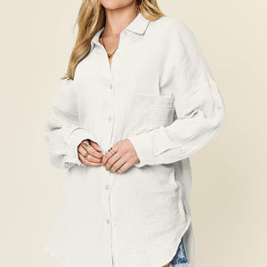 Double Take Full Size Pocketed Texture Button Up Shirt