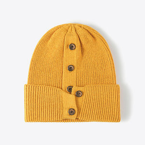 Button Detail Rib-Knit Cuff Beanie