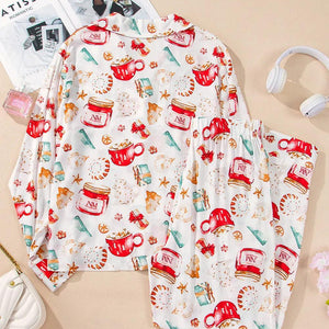 Printed Collared Neck Top and Pants Lounge Set
