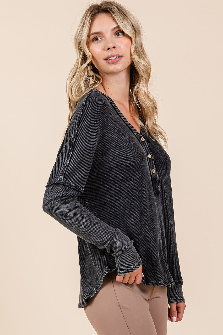 Mittoshop Washed V-Neck Long Sleeve Blouse