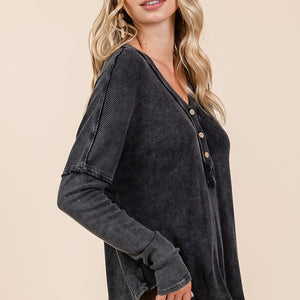 Mittoshop Washed V-Neck Long Sleeve Blouse