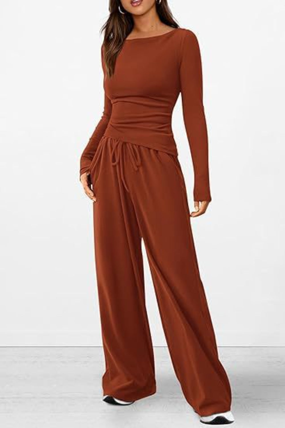 Round Neck Long Sleeve Top and Pants Set