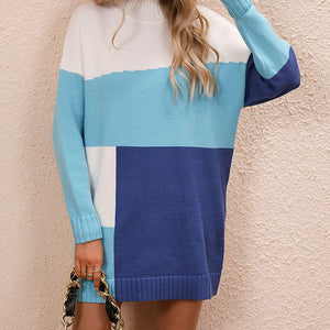 Color Block Mock Neck Dropped Shoulder Sweater Dress