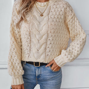 Cable-Knit Round Neck Long Sleeve Sweater