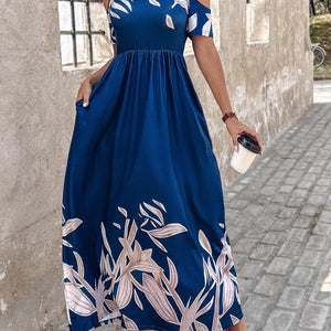 Printed Cold Shoulder Short Sleeve Maxi Dress