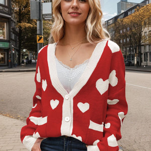 Heart Button Up Dropped Shoulder Long Sleeve Cardigan