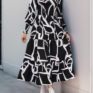 Perfee Smocked Printed Long Sleeve Midi Dress