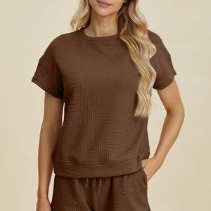 Double Take Full Size Texture Short Sleeve Top and Shorts Set