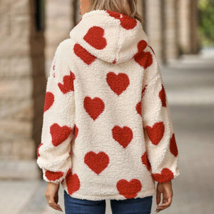 Fuzzy Heart Pocketed Dropped Shoulder Hoodie