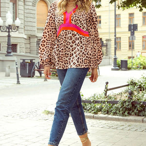 Leopard V-Neck Balloon Sleeve Blouse