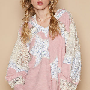 POL Star Patch Lace Long Sleeve Hooded Top