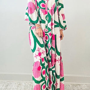 Printed Notched Long Sleeve Maxi Dress