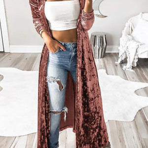 Open Front Long Sleeve Longline Velvet Cardigan