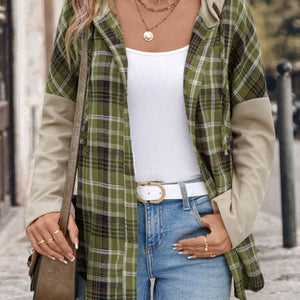 Perfee Drawstring Plaid Long Sleeve Hooded Shirt