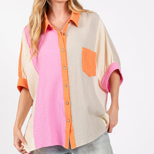 SAGE + FIG Full Size Color Block Button-Down Shirt