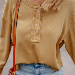 Waffle-Knit Half Button Round Neck Long Sleeve Top