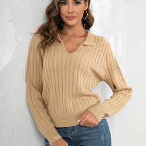 Johnny Collar Cable-Knit Long Sleeve Sweater