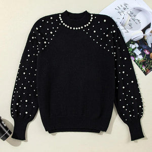 Pearl Detail Mock Neck Long Sleeve Sweater