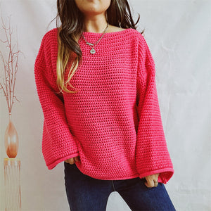 Openwork Boat Neck Long Sleeve Sweater