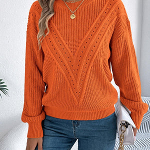 Openwork Round Neck Long Sleeve Sweater