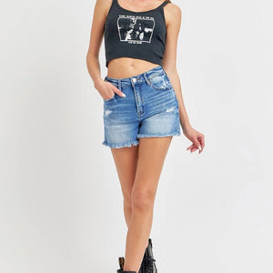 RISEN Full Size High Rise Distressed Raw Hem Denim Shorts