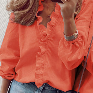 Full Size Ruffled V-Neck Long Sleeve Blouse