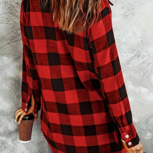 Plaid Collared Neck Snap Down Long Sleeve Jacket