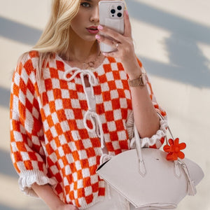 Double Take Tied Checkered Dropped Shoulder Flounce Sleeve Cardigan