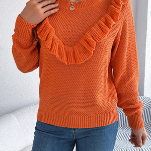 Ruffled Round Neck Long Sleeve Sweater