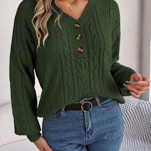 Cable-Knit V-Neck Long Sleeve Sweater