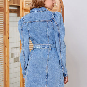 Tied Button Up Collared Neck Denim Dress