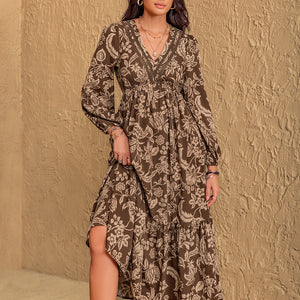 Ruched Printed V-Neck Long Sleeve Midi Dress