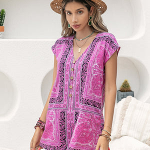 Printed V-Neck Cap Sleeve Romper