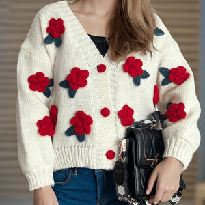 Flower Button Down V-Neck Long Sleeve Cardigan