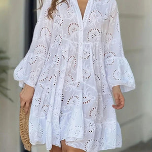 Ruffle Hem Eyelet Notched Long Sleeve Dress