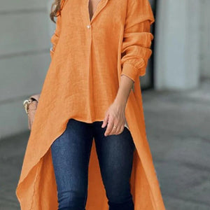 Full Size High-Low Collared Neck Long Sleeve Shirt