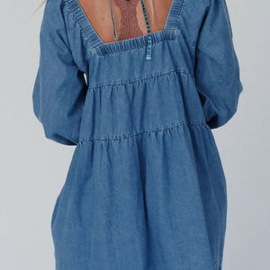 Tied Square Neck Long Sleeve Denim Dress with Pockets