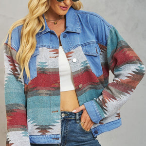 Geometric Button Up Dropped Shoulder Denim Jacket