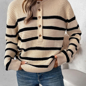 Perfee Striped Half Button Long Sleeve Sweater