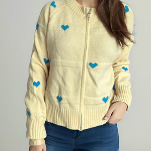 Heart Round Neck Zip Up Cardigan