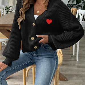 Heart Button Down V-Neck Long Sleeve Cardigan