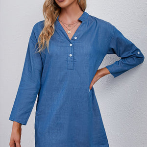 Half-Button Notched Neck High-Low Denim Dress